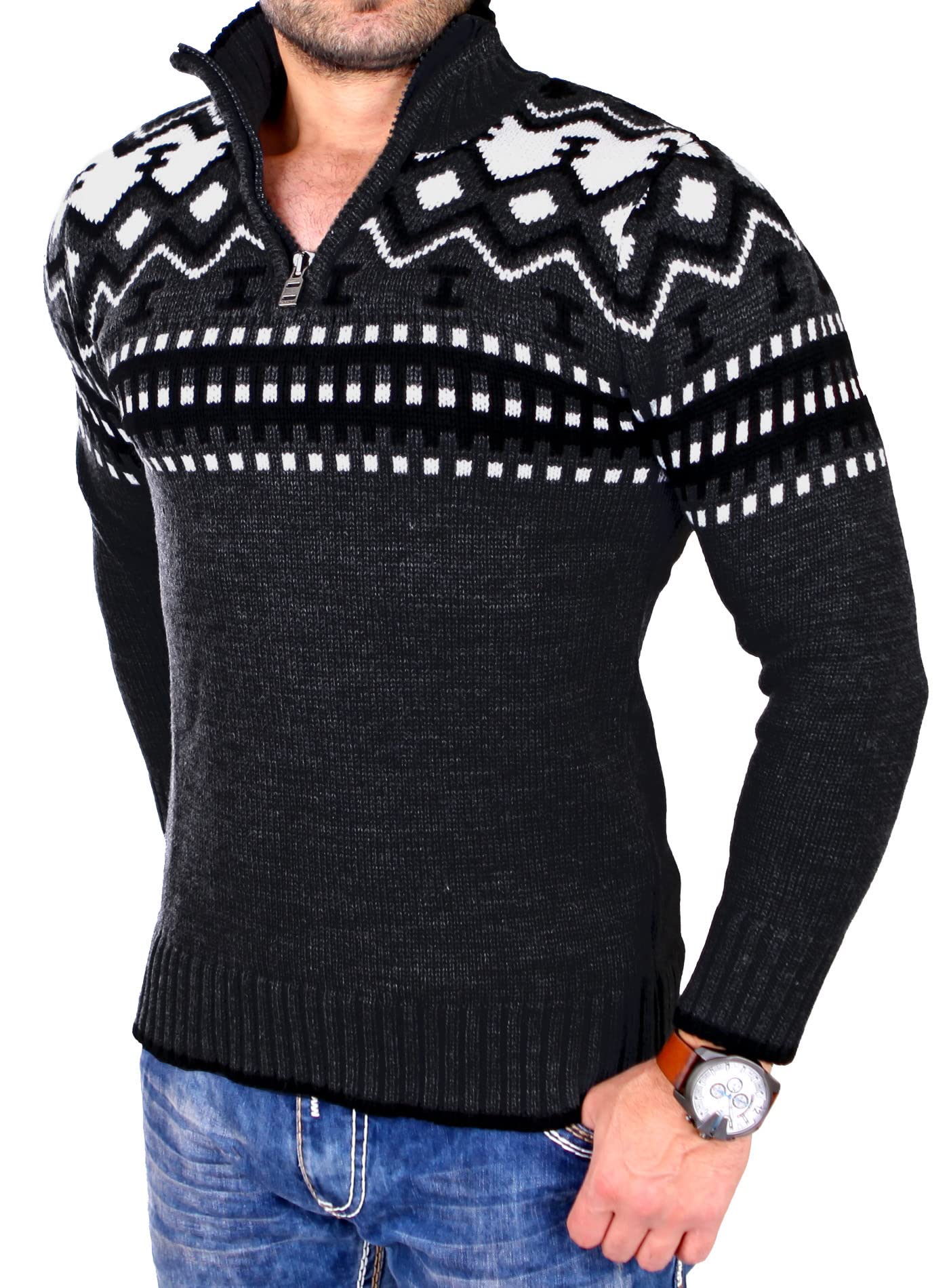 Reslad Herren Strickpullover Crewneck Zipper Winterpullover für Männer Norweger Pullover RS-3110 (XL, Dunkelgrau)