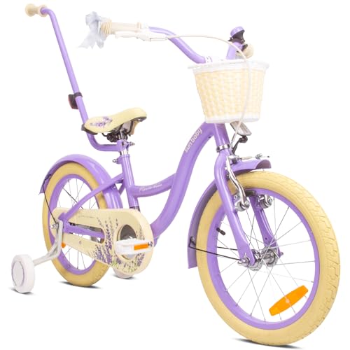 Flower Bike Mädchen Fahrrad, 12, 14, 16 Zoll Radgröße zur Auswahl, mit Abnehmbarer Schubstange, Kinder Fahrrad für Mädchen von 2 bis 6 Jahre (Lavender, 16 Zoll)