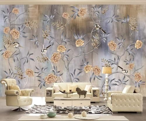 Vintage Golden Flower Bird Leaf 3D Tapete Poster Restaurant Schlafzimmer Wohnzimmer Sofa TV Dekorative Wand-400cm×280cm