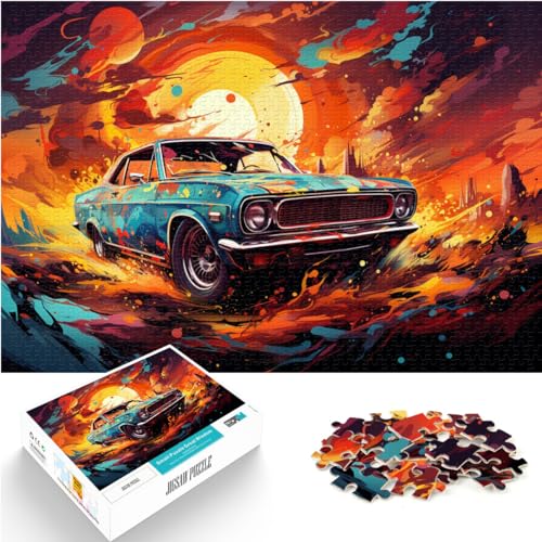 Puzzle-Geschenk „Auto unter Sonnenuntergang“, 1000-teiliges Puzzle für Erwachsene aus Holz, eignet ganze Familie und ist mit 1000 Teilen (50 x 75 cm)