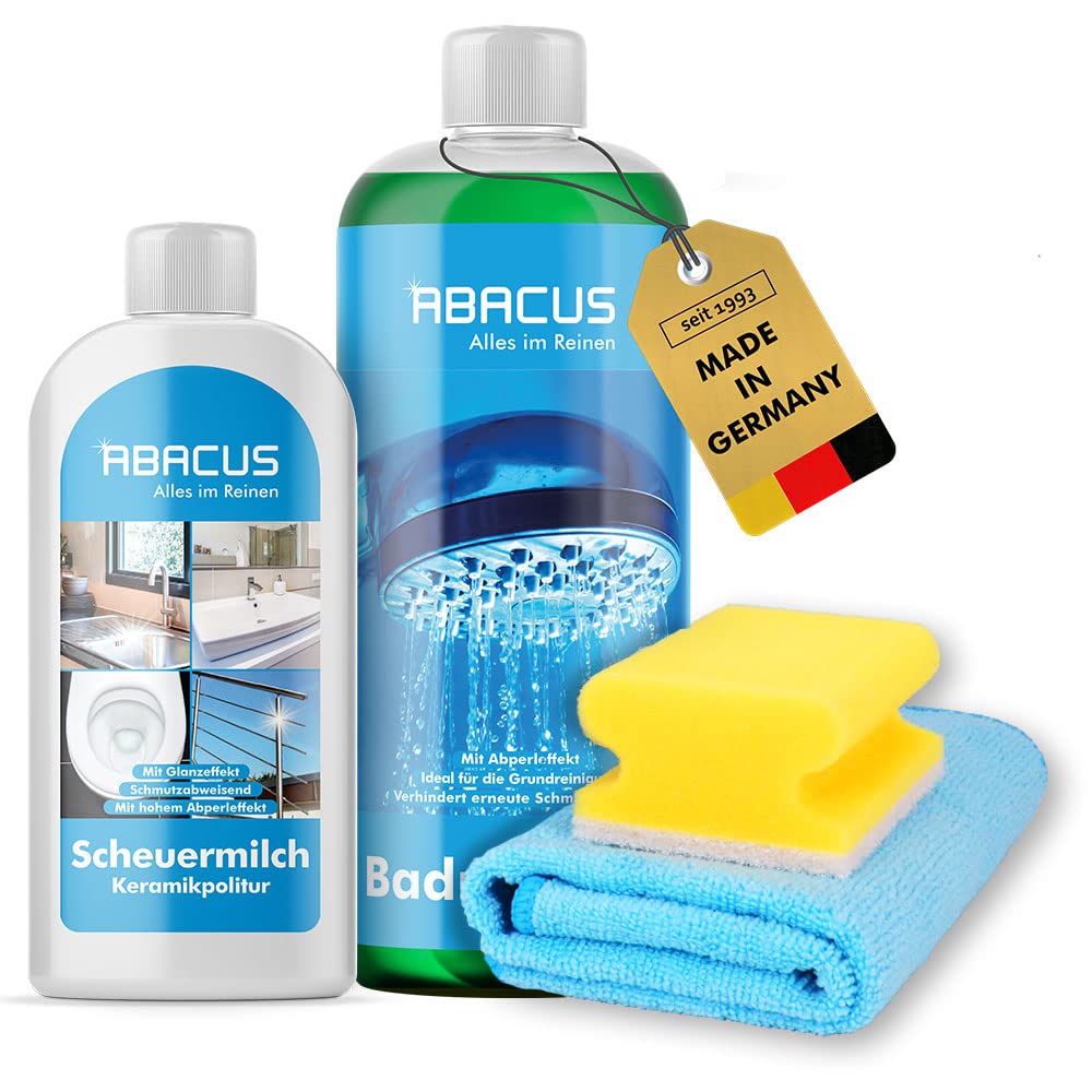 ABACUS® Profi Scheuermilch Set mit Lotus- & Glanzeffekt, Politur für Küche & Bad inkl. Badreiniger Konzentrat, Reinigungsmilch, Sanitärpolitur, Keramikpolitur, Edelstahlpolitur – Scheuermilch Set