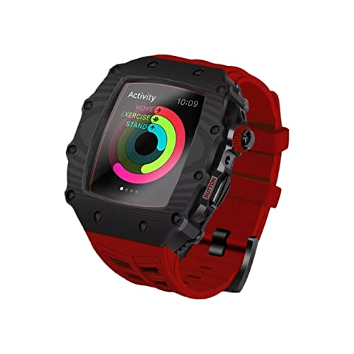 KANUZ Kohlefaser-Modifikationsset für Apple Watch 7, 6, 5, 4 SE, Gehäuseabdeckung, Silikonband, Glas für iWatch-Serie 45 mm, 44 mm, Zubehör (Farbe: Rot / Schwarz, Größe: 45 mm für 7)