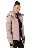 MARIKOO Winterjacke Damen (XS-3XL) - Wasserabweisend, Warm, Kapuze abnehmbar, Winddicht - Steppjacke, Frauen - Stehkragen, 4 Taschen, verlängerter Zipper - Taupe Grey L