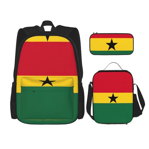 WURTON Rucksack-Set mit verstellbarer Schulterriemen, Motiv: Flagge von Ghana, Lunch-Tasche, Federmäppchen, Kombinationstaschen-Set