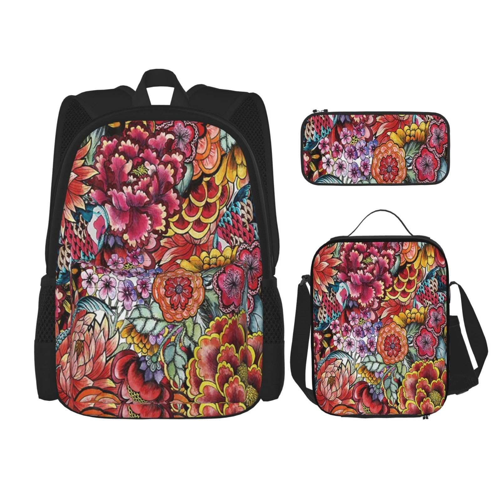 DENMER Mehrzweck-Schulranzen mit Flamingos, mit passendem Federmäppchen und Lunchtasche, stilvolle All-in-One-Lösung, Buntes Boho-Blumenmuster, Einheitsgröße