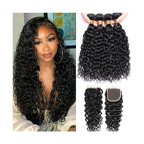 Human Hair Bundles 12A Indische Wasser Welle Bundles mit Verschluss Wellenförmige Lockige Menschenhaar Bundles Remy Haarwebart 3 Bundles mit Frontal 13X4 human hair weave (Size : 4" x 4", Color : 14