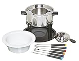 KitchenCraft 3-in-1 Fondue-Set mit farbcodierten Fondue-Gabeln (für Schokoladen-, Fleisch- und Käsefondue), Silber