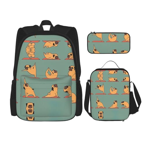 WURTON Yoga-Rucksack mit Mops-Aufdruck, 3-in-1-Sets, lässig, verstellbar, Schulter-Rucksack, Lunch-Tasche, Federmäppchen, Beutel, Schwarz, Einheitsgröße