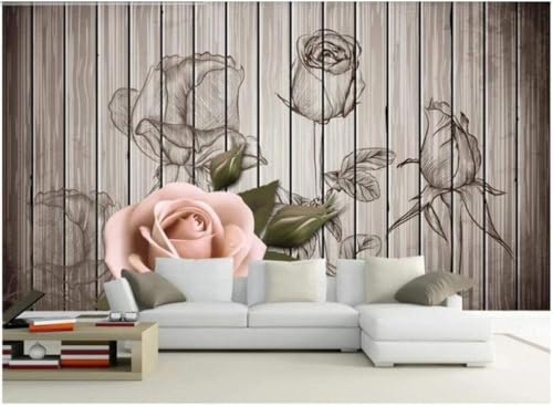 Vintage Nostalgie Holzmaserung Rosa Rose 3D Tapete Poster Restaurant Schlafzimmer Wohnzimmer Sofa TV Dekorative Wand-300cm×210cm