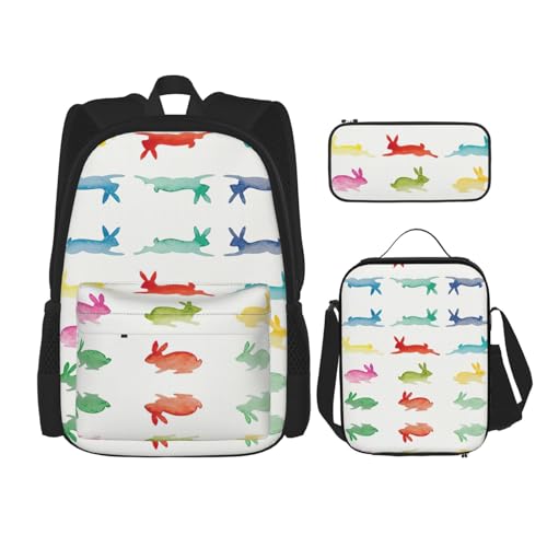 WURTON Schulrucksack-Set mit Regenbogen-Kaninchen-Druck, 3-in-1-Büchertaschen-Set mit Lunchbox, Federmäppchen, Reise-Laptop-Tagesrucksäcke, Schwarz , Einheitsgröße