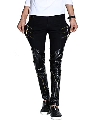 Idopy Rock Punk Herren Zippers Patch PU Leder Hip Hop Skinny Motocycle Hose, Schwarz , 34-37