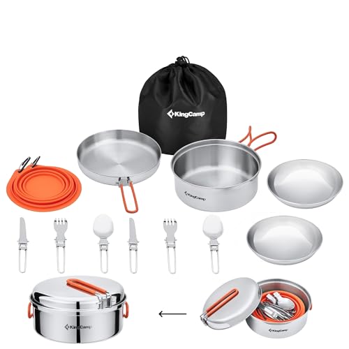 KingCamp Camping Geschirr Set 2-4 Personen I Camping Kochgeschirr aus Edelstahl I Camping Töpfe mit Faltbare Besteck I Ultraleicht Camping Topf Pfanne Set für Campingkocher