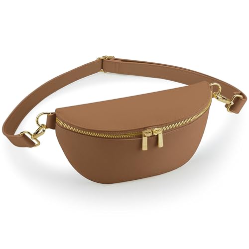 Damen Cross Body Bag längenverstellbarer Gurt Hüfttasche Bauchtasche für Damen aus mattem Kunstleder mit Metall Reissverschluss und Innenfach (Tan (Braun))