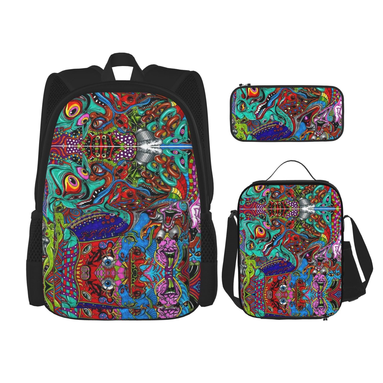 WURTON Abstrakte Kunstdruck-Lunchbox, Federmäppchen, Rucksack-Set, 3-teilig, verstellbare Riemen, langlebig, leicht, Schwarz, One Size