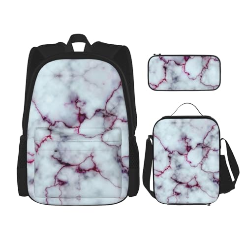 WURTON Violettes Marmor-Textur-Druck-Rucksack-Set, Schul-Büchertasche mit Lunchtasche, Federmäppchen, Kombination, Schultaschen-Set