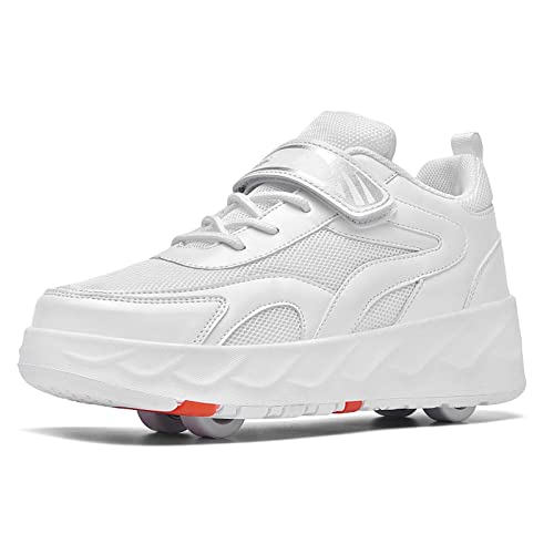 ZEDDG Schuhe mit Rollen Kinder Skateboardschuhe mit 4 Rollen Outdoor Sport Fitnessschuhe Running Sneaker für Jungen Mädchen Rollschuhe,White-38