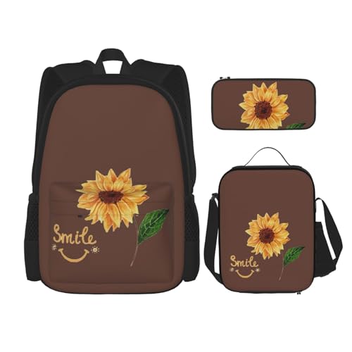 WURTON Lächelndes Gesicht, Sonnenblumen-Druck, verstellbare Schultergurte, Rucksack-Set, Lunch-Tasche, Federmäppchen, Kombinationstaschen-Set