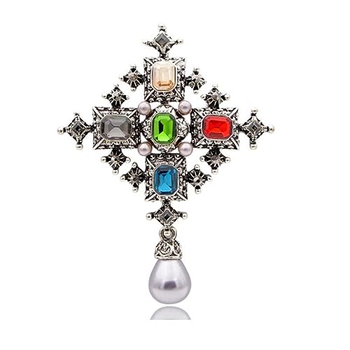 Brosche Vintage Barock Kreuz Strass Perle Brosche Frauen Temperament Mantel Pin Corsage Hemd Kragen Pins Broschen Zubehör (Color : Multicolor)