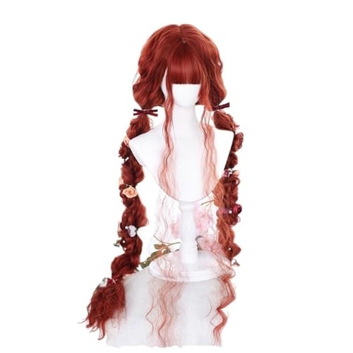 AnimeKostüm,Cosplay Perücke, Kunsthaar, 120 cm lang, lockig, blond, schwarz, Harajuku-Perücke mit Pony, Perücken for Damen, hitzebeständig(Red)