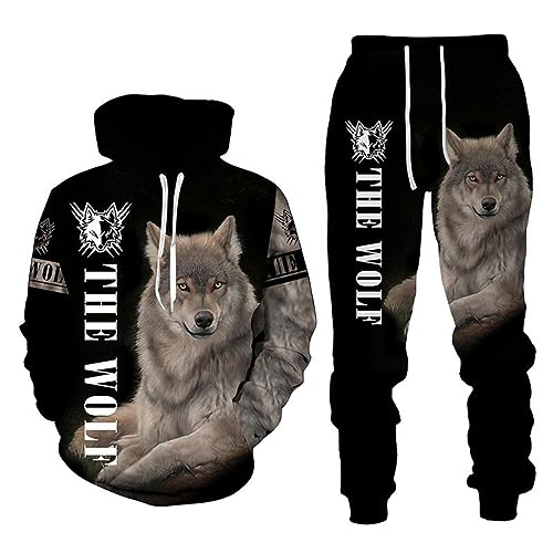 RIAAJ 3D wolf Druck Hoodie Herren Jogginganzug Unisex Sweatshirts Hoody + Hose Sets (A4,4XL)