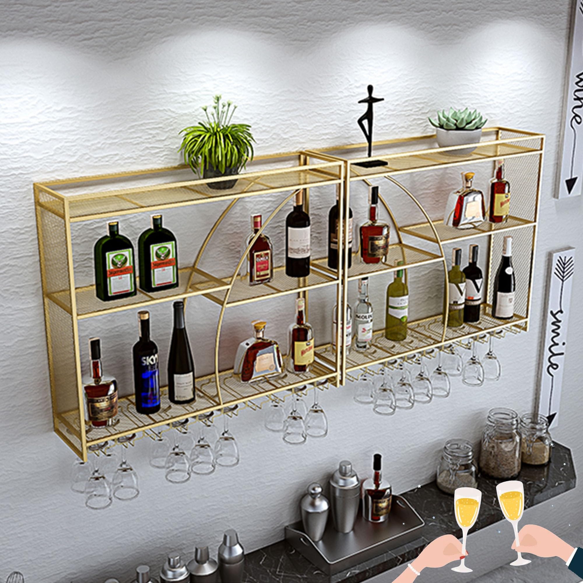 HSJFS Weinregal Wandbar Regale Mit Weinglashalter Regal Spirituosenflaschen Display Regal Schwebende Bar Regale Whiskey Regal Küche Wandschrank Für Home Bar Cküche Esszimmer (Farbe :D/D/2 Layers