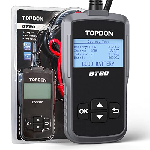 TOPDON BT50 Autobatterie Tester 12v batterietester kfz 100-2000 CCA mit Batteriestatusprüfung Anlasstest Ladetest für KFZ Motorrad Yacht