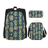 WURTON Tropische Früchte Ananas Druck Trendy Rucksack Taschen Lunchbox und Federmäppchen 3 in 1 Verstellbarer Rucksack Set, Schwarz, Einheitsgröße, Schwarz , Einheitsgröße