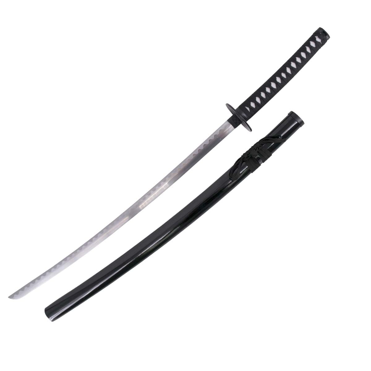 Kenshin Dekoratives Katana S5048 mit umgekehrter Schneide - Inoffizielle Replik, 105 cm, Edelstahlklinge, Griff mit schwarzer Kordel umwickelt und weißer Rochenlederimitation, inklusive Ständer