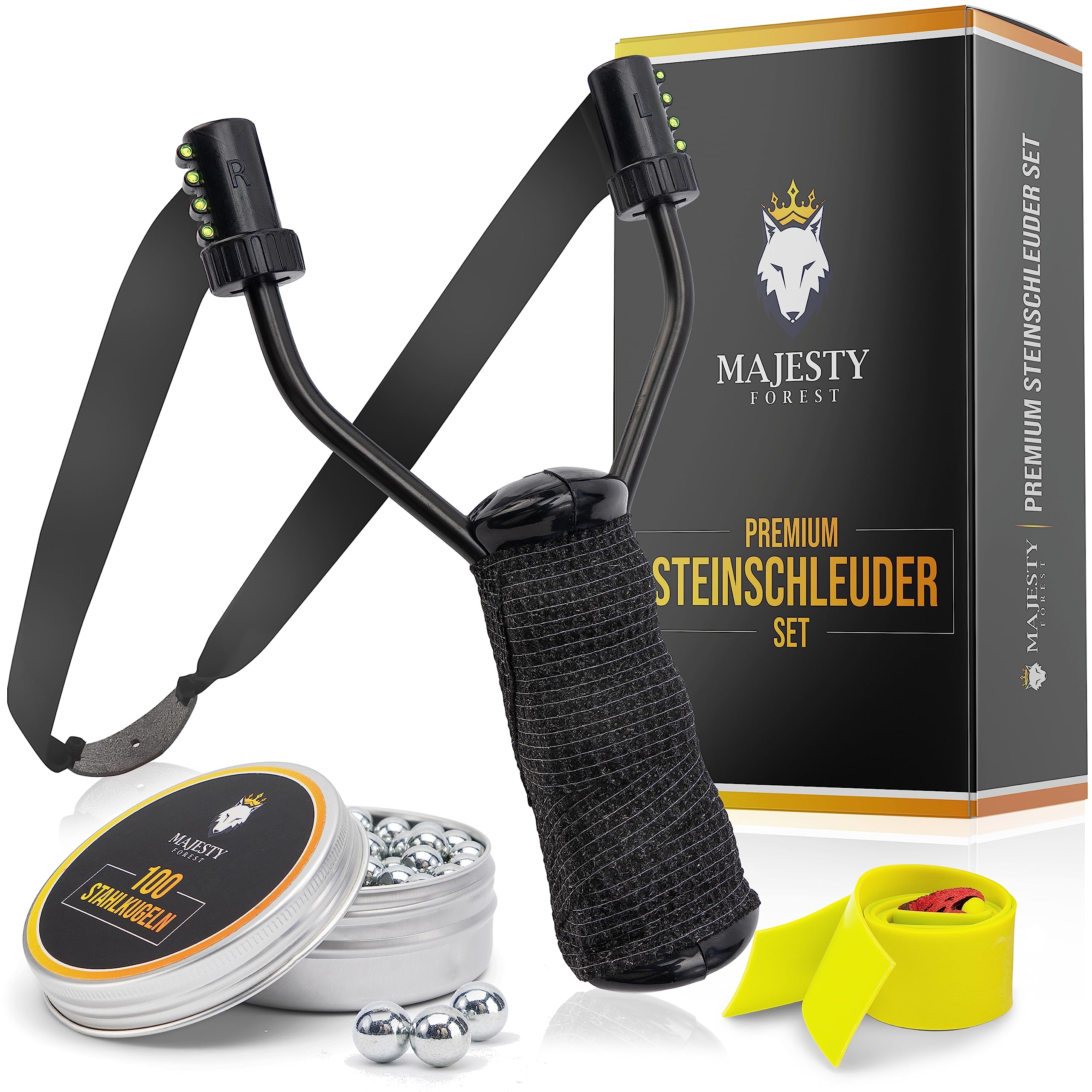 MAJESTY FOREST® Premium Steinschleuder Set (Black-Camo) - Profi Schleuder Zwille für Sport und Outdoor - Slingshot Bundle mit 100 Kugeln + Ersatzgummi und E-Book