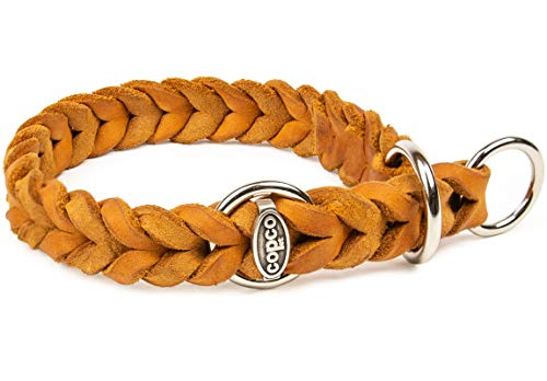 CopcoPet - Fettlederhalsband geflochten mit verchromten Zugstop-Ring, Cognac 55 - 60 cm 20 mm