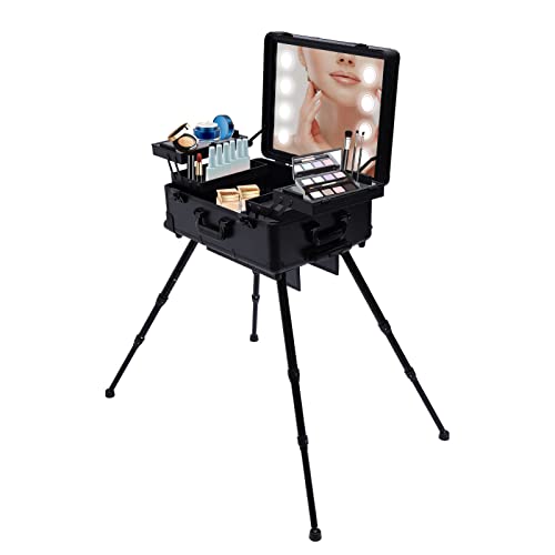 HuKaiL 22 Inch Kosmetikkoffer Trolley Schminkkoffer 3 Ebenen, Makeup Trolley Case mit Rollen, Mobile Kosmetik mit Spiegel und 8 LED-Lampen, Schminkkoffer Profi mit Verstellbare Beine