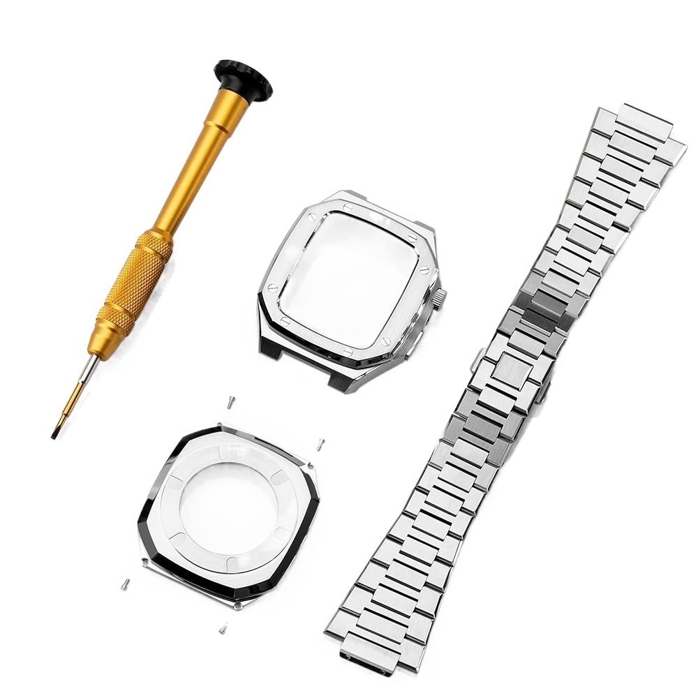 TONECY Edelstahl-Armband für Apple Watch, Modifikation, 45 mm, 44 mm, 41 mm, Metall-Mod-Kit-Set für iWatch Serie 7, 6, SE, 5, 4, 3, 2, 1