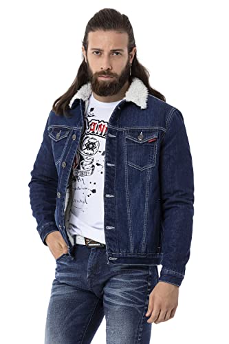 Cipo & Baxx Herren Jeansjacke Denim Gefüttert Übergangsjacke Fellkragen Herbst-Winter Jacke CJ294 Blau S