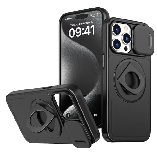 SUREKYA Magnetische Schutzhülle für iPhone 15 Pro Max/15 Plus/15 Pro/15, Schiebe-Kamera-Objektivabdeckung, unsichtbarer, robuster Ständer, unterstützt kabelloses Laden (15 Pro, Schwarz)