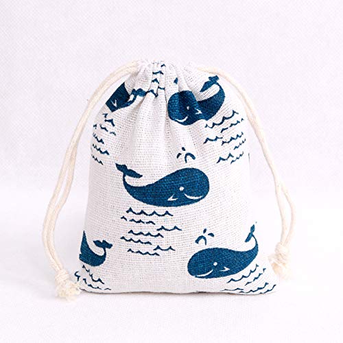 Stoffbeutel mit Kordelzug 20 stücke Blau Whale Printing Baumwolle Stoff Tasche 9x12 cm 10x14cm kleine Fische Kordelzug Muslin Schmuck Beutel Hochzeit Candy Makeup Taschen Jutebeutel Geschenktüten mit