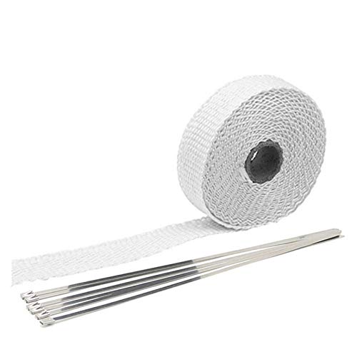 Skdvy Auspuffband HitzebestäNdig 5/10/15 / 20m Motorrad Auspuff Thermalband Auspuff-Wärmeband-Wrap-Krümmer-Isolationswalzen-Resistent mit rostfreiem Krawatten(2.5x15m White)