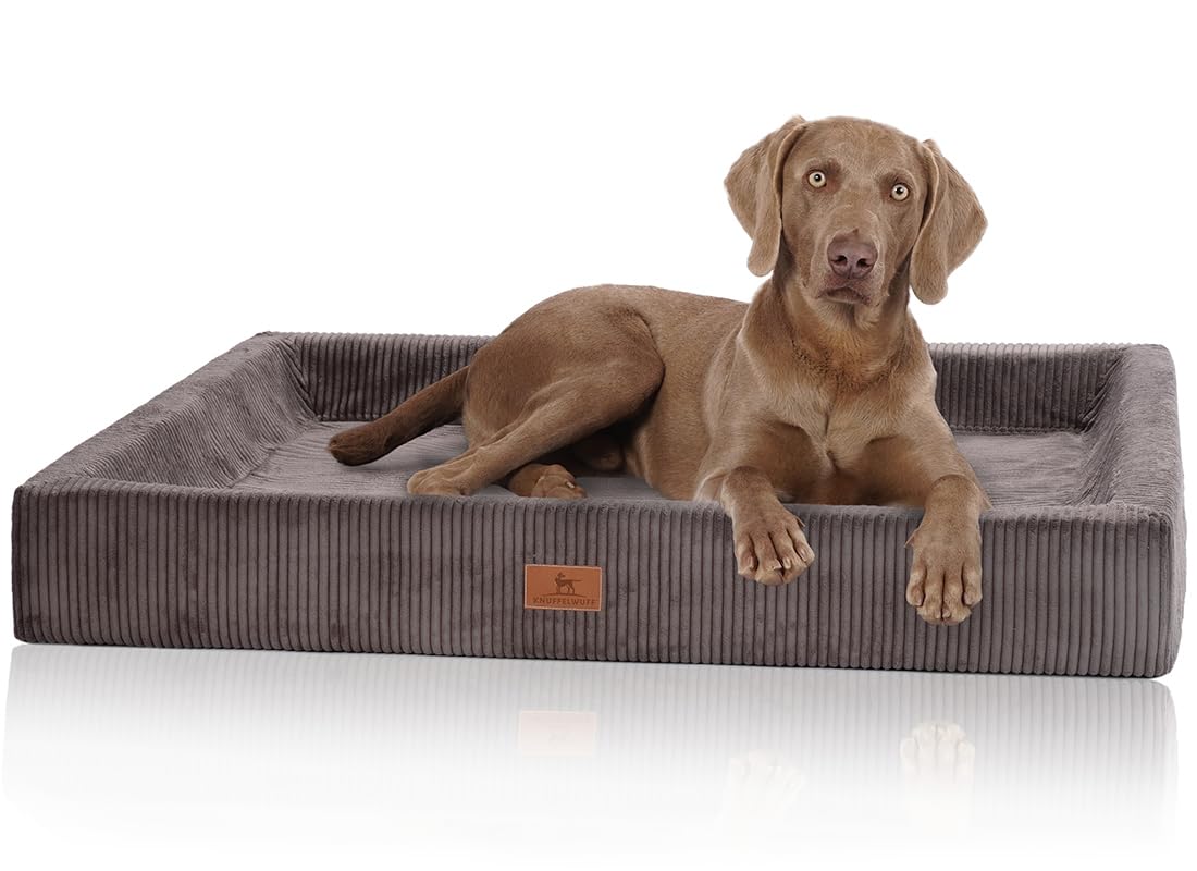 Knuffelwuff orthopädisches Hundebett aus Cord mit Handwebcharakter Santiago M-L 85 x 65cm Braungrau - abnehmbarer Bezug - waschbar - für große, mittelgroße und kleine Hunde