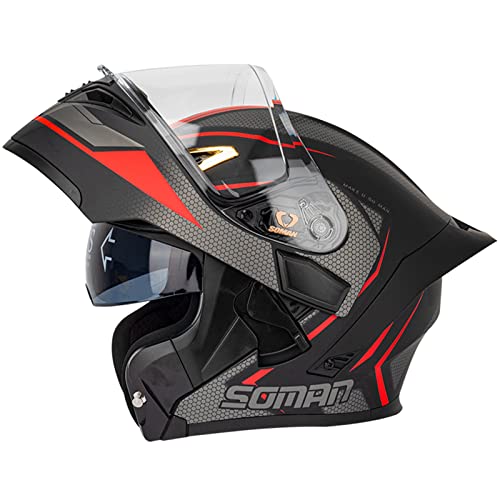 Motorradhelm Klapphelm Herren für Motorräder Integrierter Motorrad Helm Modularer Motorrad Helm mit Doppelvisier ECE-Zugelassen Rollerhelm Sturzhelm Rennhelme für Damen Herren,Schwarz Rot-M(57~58cm)