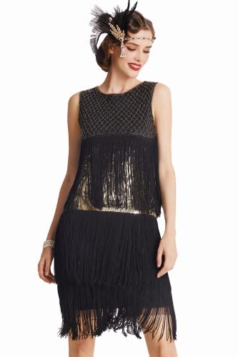 ArtiDeco 1920s Charleston Kleid Damen Knielang Cocotail Party Kleid 20er Jahre Flapper Damen Gatsby Kostüm Kleid (Schwarz Gold, M)