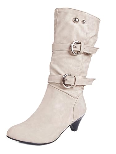 ShallGood Damen Elegant Stiefel Winterstiefel Mittlerer Absatz mit Schnalle Blockabsatz Schuhe Schenkelhoch Outdoor Stiefel Z1 Weiß 43 EU