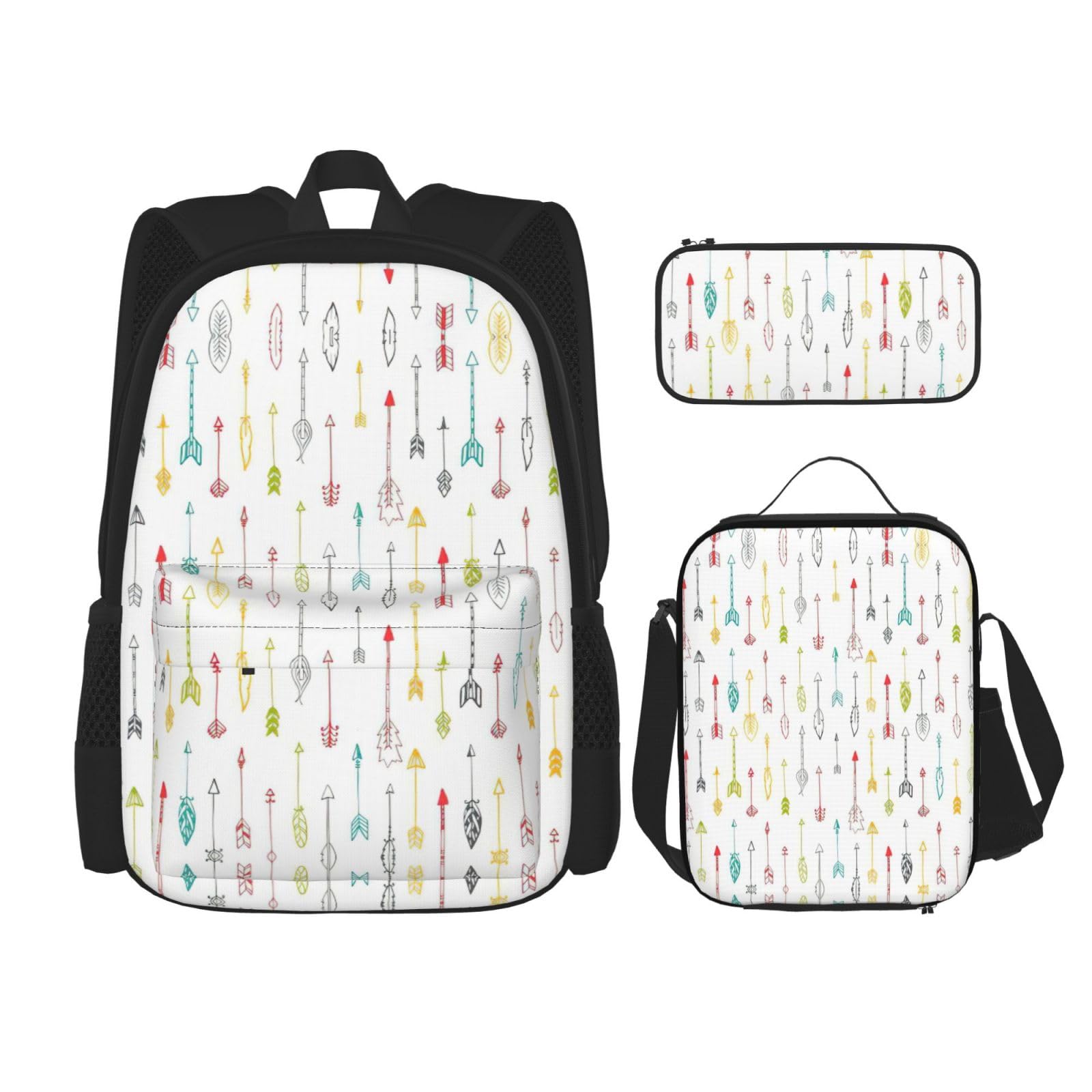 WURTON Bunte handgezeichnete Kunst Mit Boho Stil Pfeile Drucken Schule Rucksack 3 In 1 Büchertasche Set Mit Lunchbox Federmäppchen Reise Laptop Daypacks