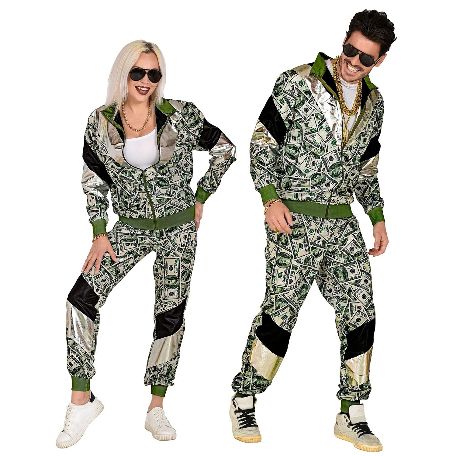 W WIDMANN MILANO Party Fashion - Kostüm 80er-Jahre Trainingsanzug Dollar, leuchtet unter UV-Licht, Jacke und Hose, Geldscheine, Jogginganzug, Retro-Style, Bad Taste Party, Karneval