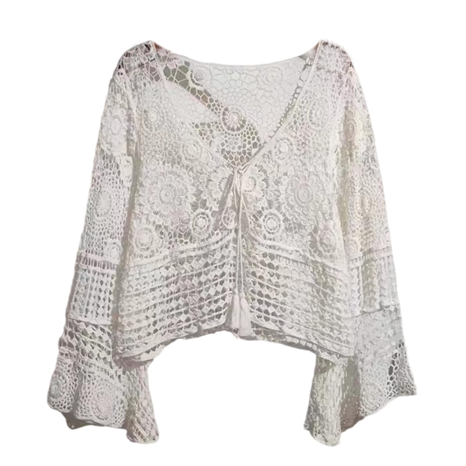 SOUTHJIELING Damen Flared Long Sleeve Tie Up Drawstrings Crop Top Hollowed Crochet Knitted Loose Beach Up Shirt Sheer Blouses