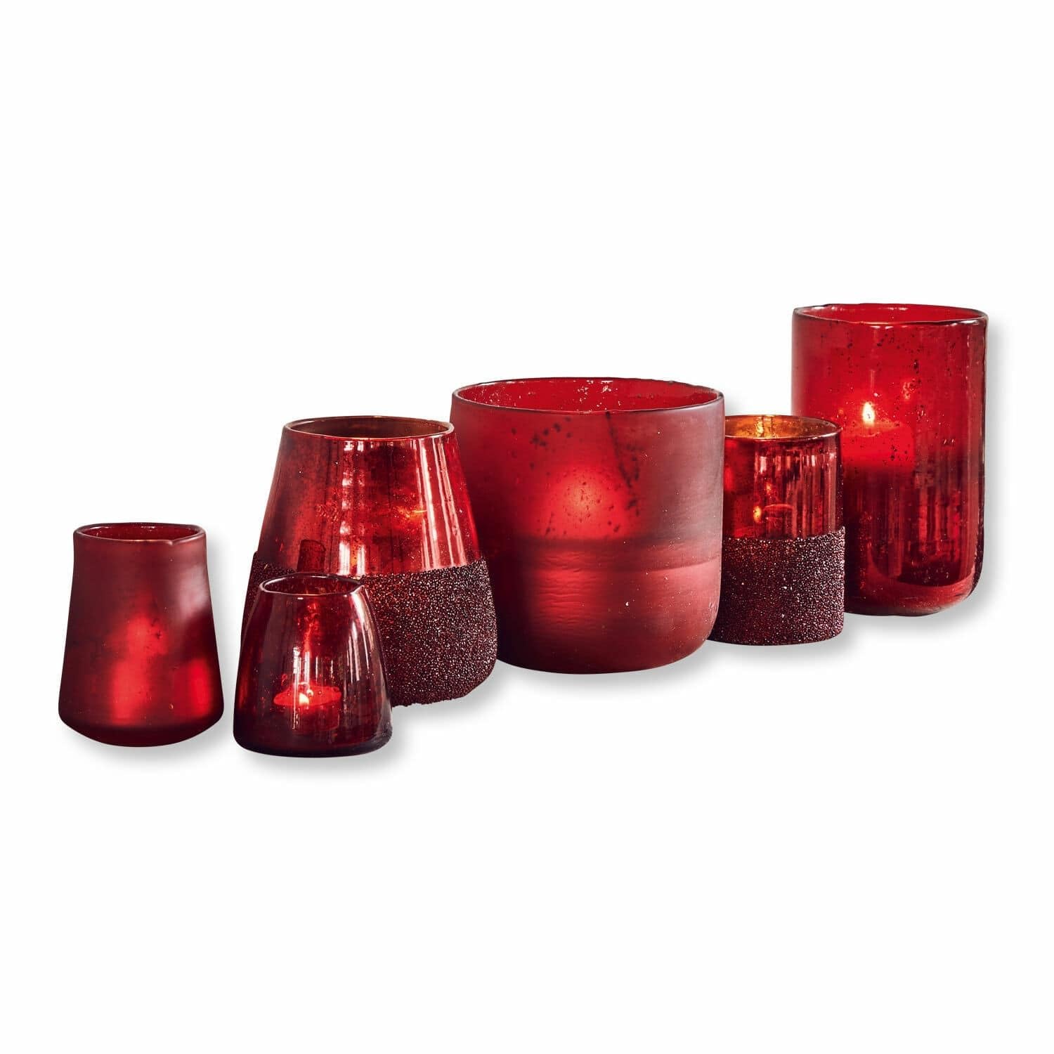 Loberon Windlicht 6er Set Paro, mundgeblasen, Verschiedene Formen und Größen, teilweise mit Ziersteinen besetzt, gemütliche Lichtstimmung, Wohnaccessoires, Glas, rot