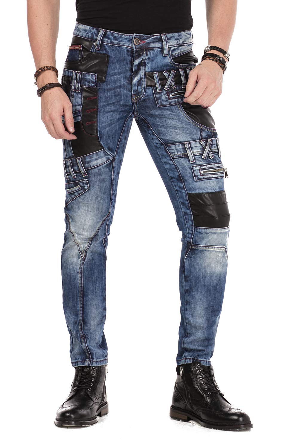 Cipo & Baxx Herren Denim Jeans Hose Ausgefallen Dicke Naht Used Look Kunstleder-Applikationen Slim Fit Jeans Hose Blau W30 L 32