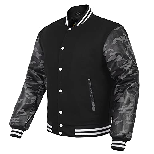 Herren Varsity Jacke Echtleder Ärmel und Wollmischung Letterman Jungen College Varsity Jacken XXS-5XL, Schwarz-Camo, Medium