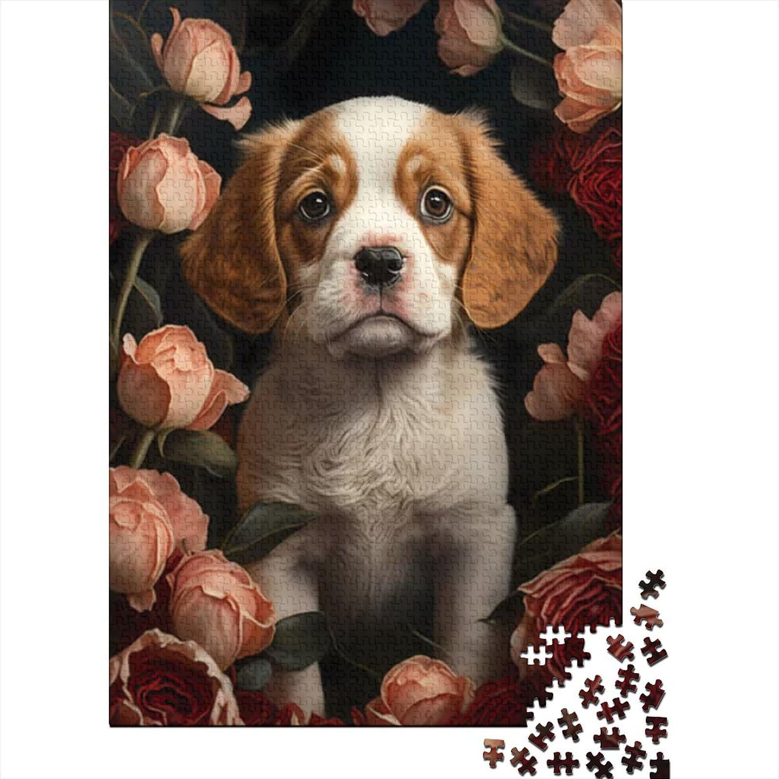 Puzzle für Erwachsene „Welpe in Rosen“, 500-teiliges Puzzle, Holzpuzzle für Erwachsene und Jugendliche ab 12 Jahren, Lernspielzeug, Familienspiele, Größe: 52 x 38 cm