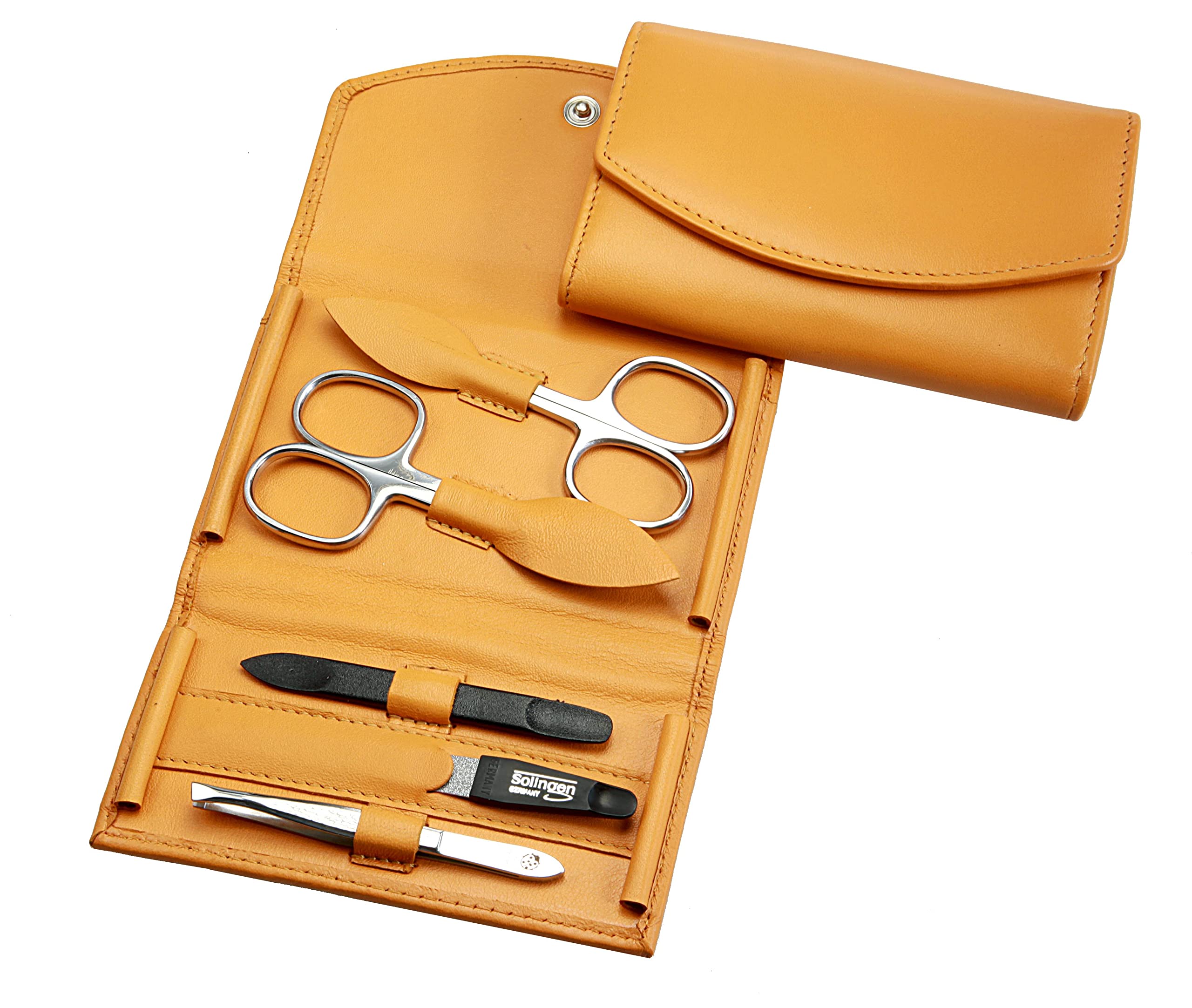 Maniküre Set - 5 teiliges Nagelpflegeset - Echtes Nappa-Lammleder Manicure Etui - Nagelschere, Hautschere, Nagelfeile, Pinzette und Doppelinstrument (Maisgelb)