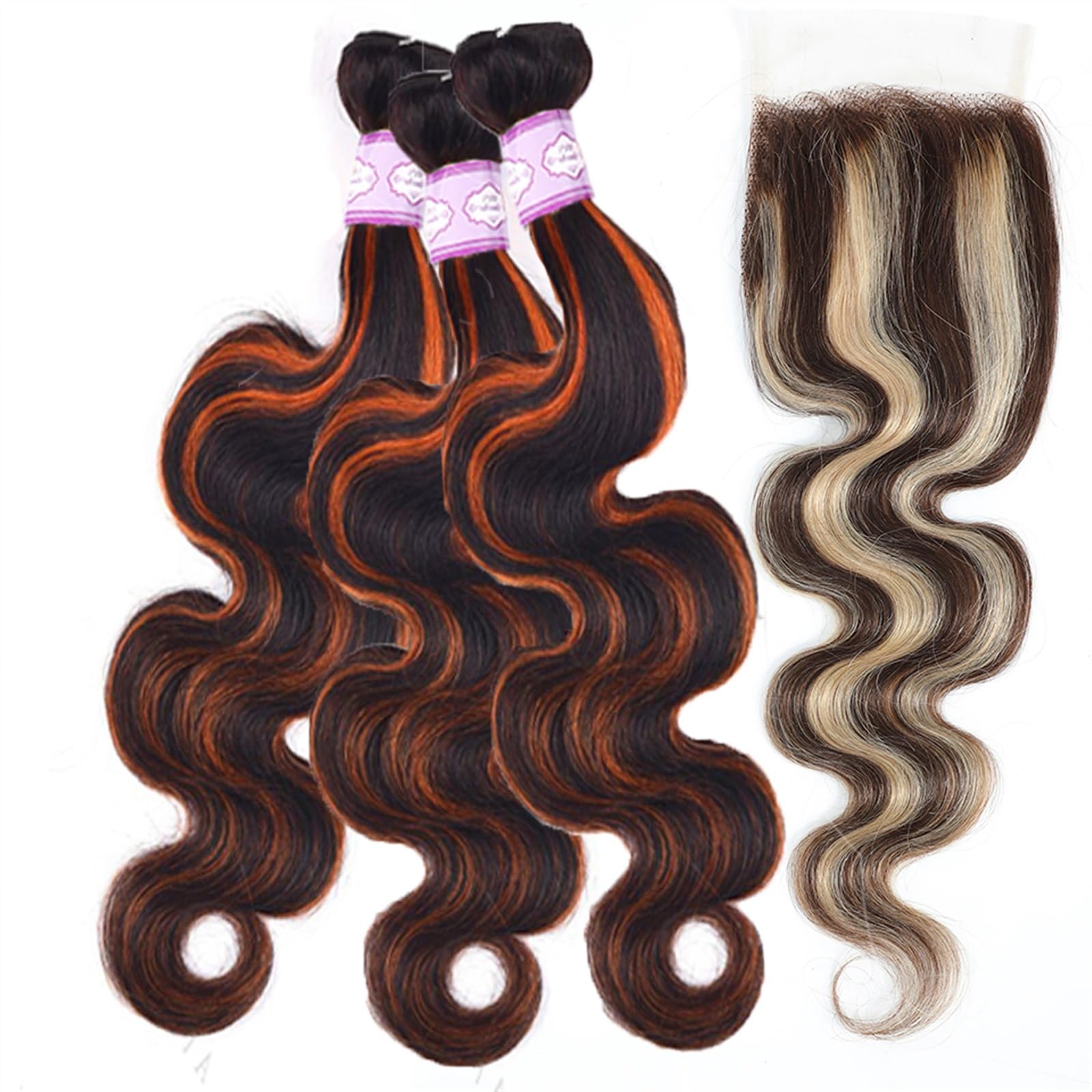 Human Hair Bundles Körperwellen-Orange-Menschenhaar-Webart, 3 Bundles mit Verschluss und Frontal-Highlight-Blondine, Spitzen-Frontal mit Bundles, Remy-Echthaar human hair weave (Size : 13" x 4", Col