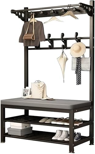 Metallgarderobe mit Schuhbank und Haken, 4-in-1-Hochleistungs-freistehender Kleiderbügel, einfach zu montieren für Kleidertaschen, Hüte, Garderobe, Heimbüro, Eingangsbereich, Flur, 60/80/100